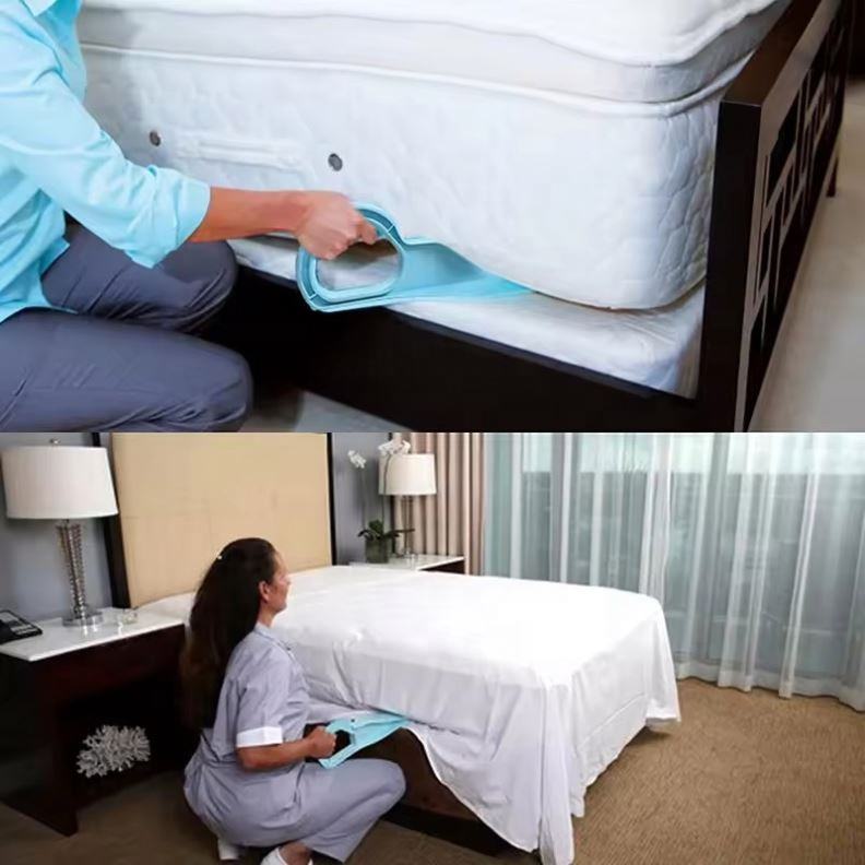 Blue mattress lifter and sheet tucker used beside a neatly made bed