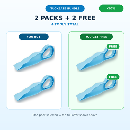 TuckEase final two packs plus two free bundle graphic showing minus 50 percent