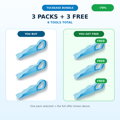 TuckEase final three packs plus three free bundle graphic showing minus 70 percent